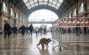 Waschbär steht in einer belebten Bahnhofshalle neben einem abgesperrten Bereich