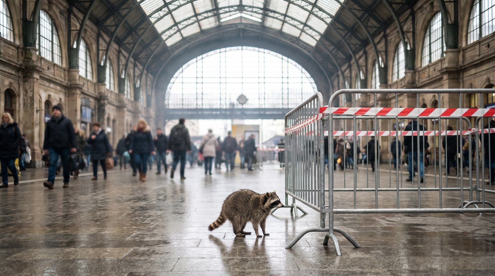 Waschbär steht in einer belebten Bahnhofshalle neben einem abgesperrten Bereich
