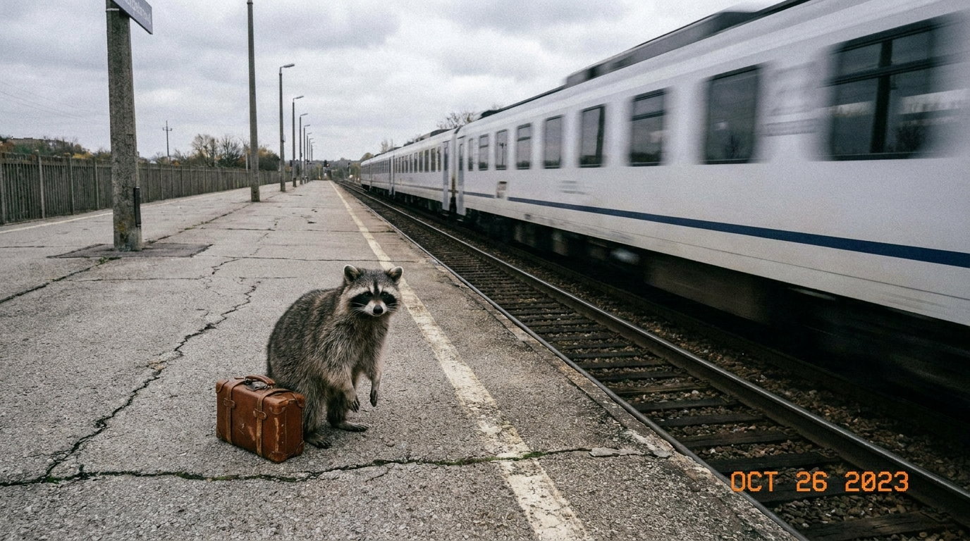 Wagenreihung Satire: Waschbär steht mit Koffer auf einem langen Bahnsteig neben einem einfahrenden Zug