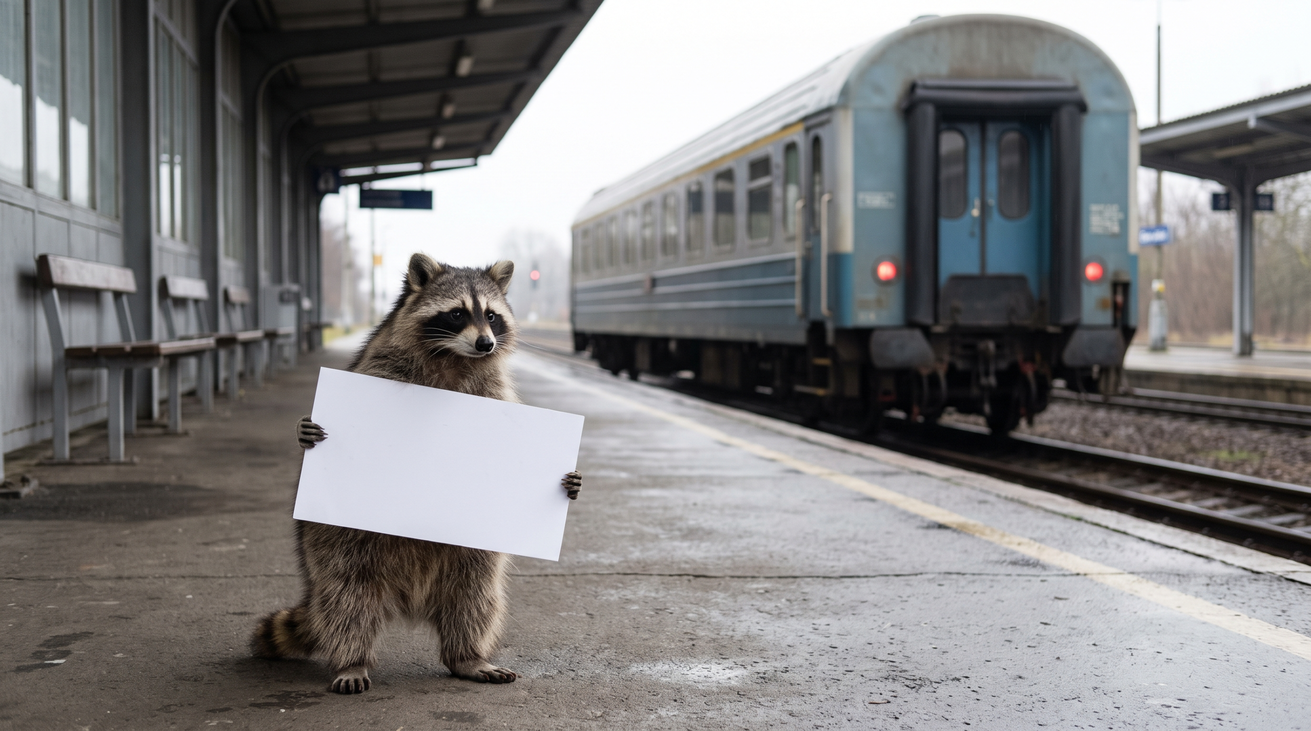 Wahlkampf Satire: Waschbär steht mit einem leeren Wahlplakat auf einem Bahnsteig