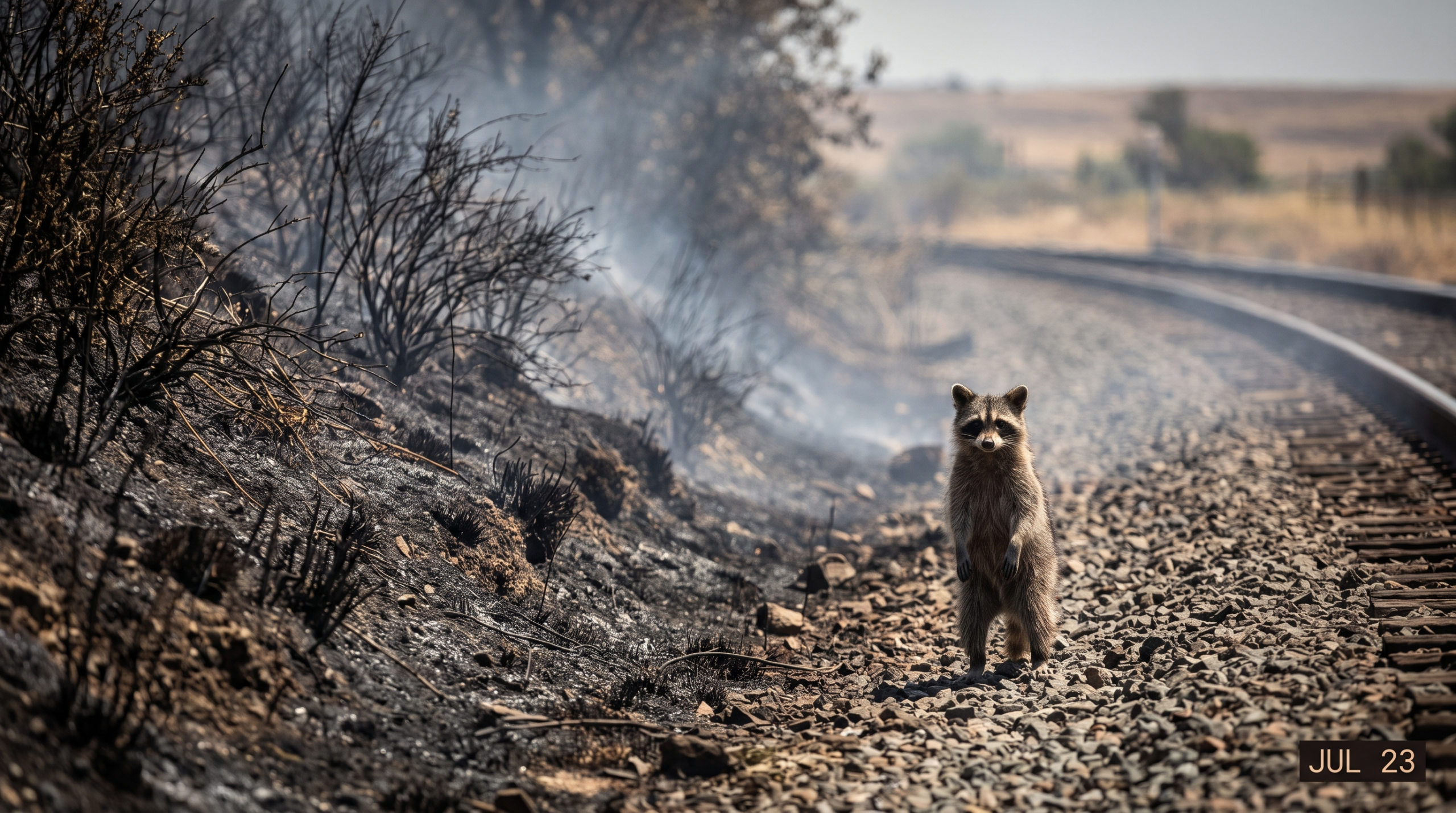 Waldbrand Satire: Waschbär steht an einer Bahnstrecke vor verkohlter Böschung