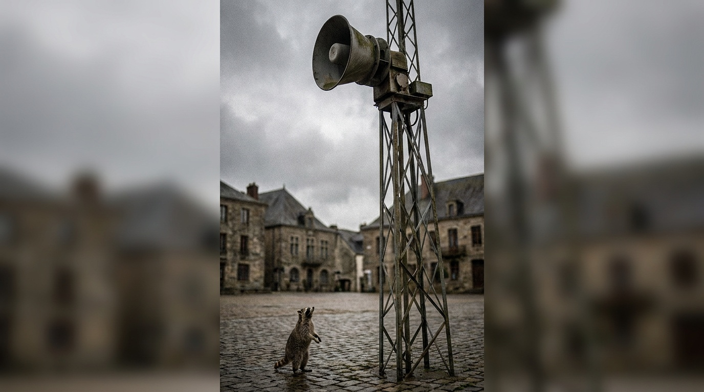 Warntag Satire: Waschbär steht auf einem Platz unter einer Sirene an einem Mast