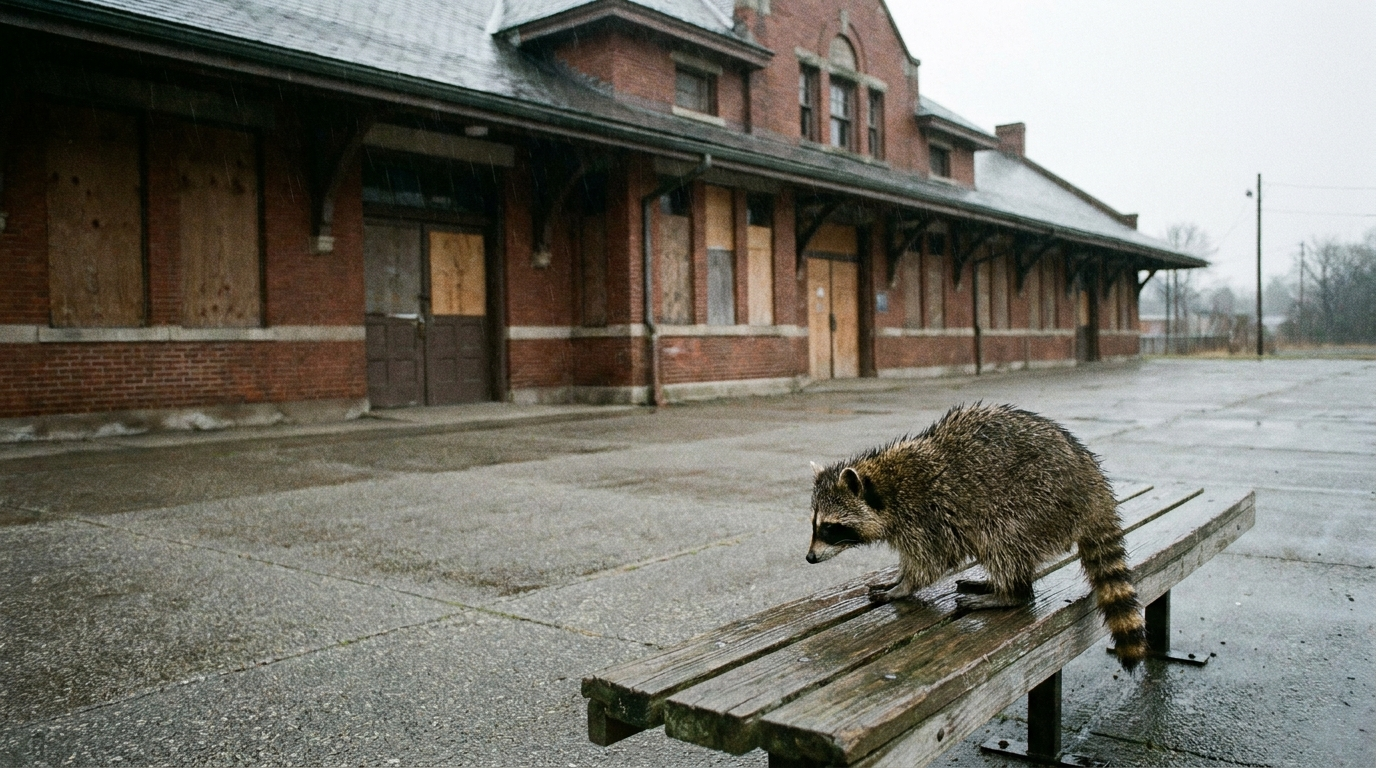 Wartesaal Satire: Waschbär sitzt allein auf einer Holzbank vor einem geschlossenen Bahnhofsgebäude