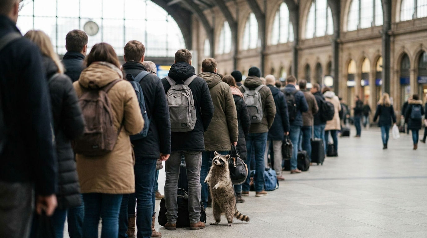Warteschlange Satire: Waschbär steht in einer Reihe wartender Menschen in einer Bahnhofshalle