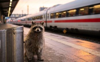Bahn Pünktlichkeit Satire: Waschbär steht abends neben einem Mülleimer am Bahnsteig, im Hintergrund ein roter Fernzug