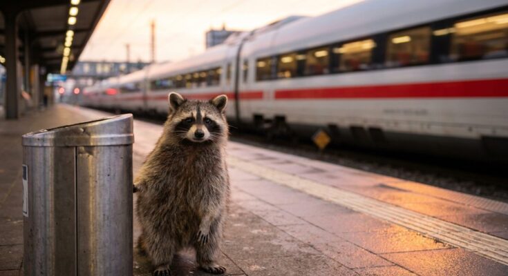 Bahn Pünktlichkeit Satire: Waschbär steht abends neben einem Mülleimer am Bahnsteig, im Hintergrund ein roter Fernzug