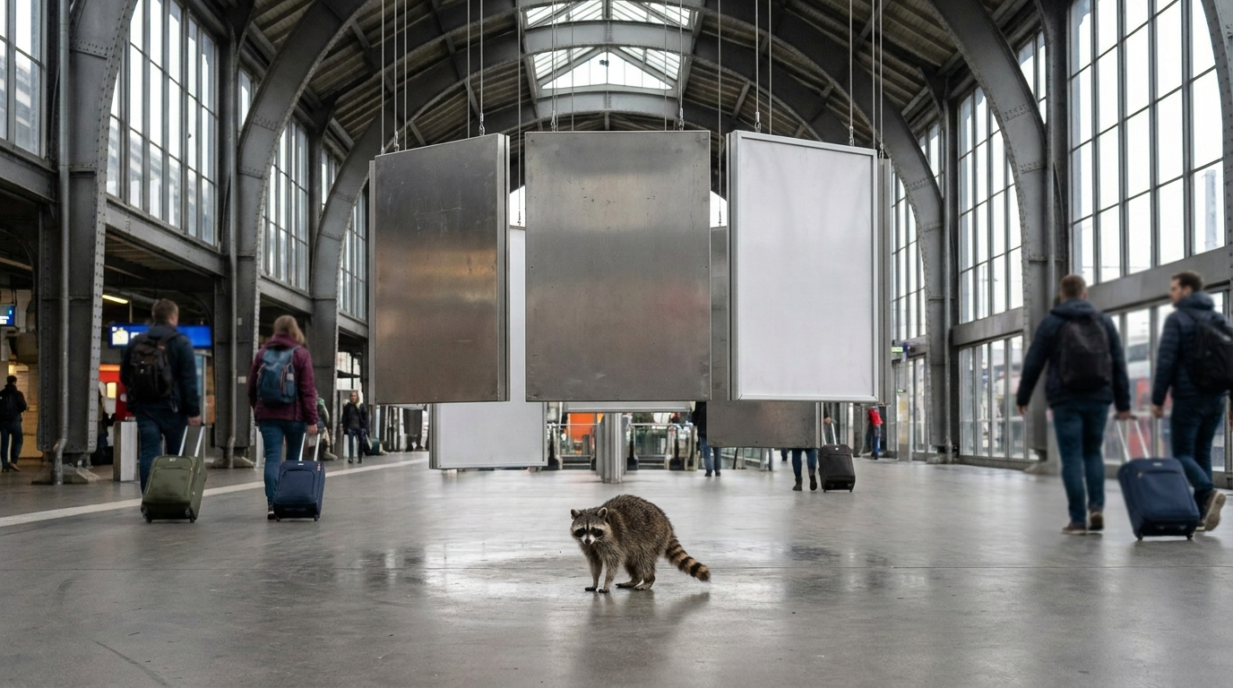 Wegeleitsystem Satire: Waschbär steht unter mehreren Wegweiserschildern in einer großen Bahnhofshalle