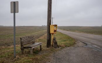 Waschbär steht an einem Briefkasten an einer Landstraße neben einer Bushaltestelle