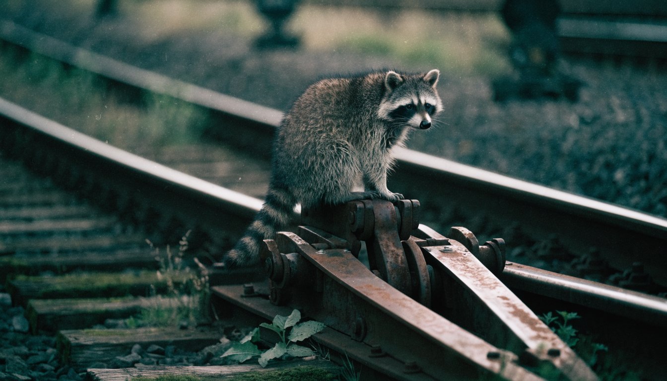 Weichennorm Satire: Waschbär sitzt auf einer alten stark verrosteten mechanischen Weiche zwischen Unkraut