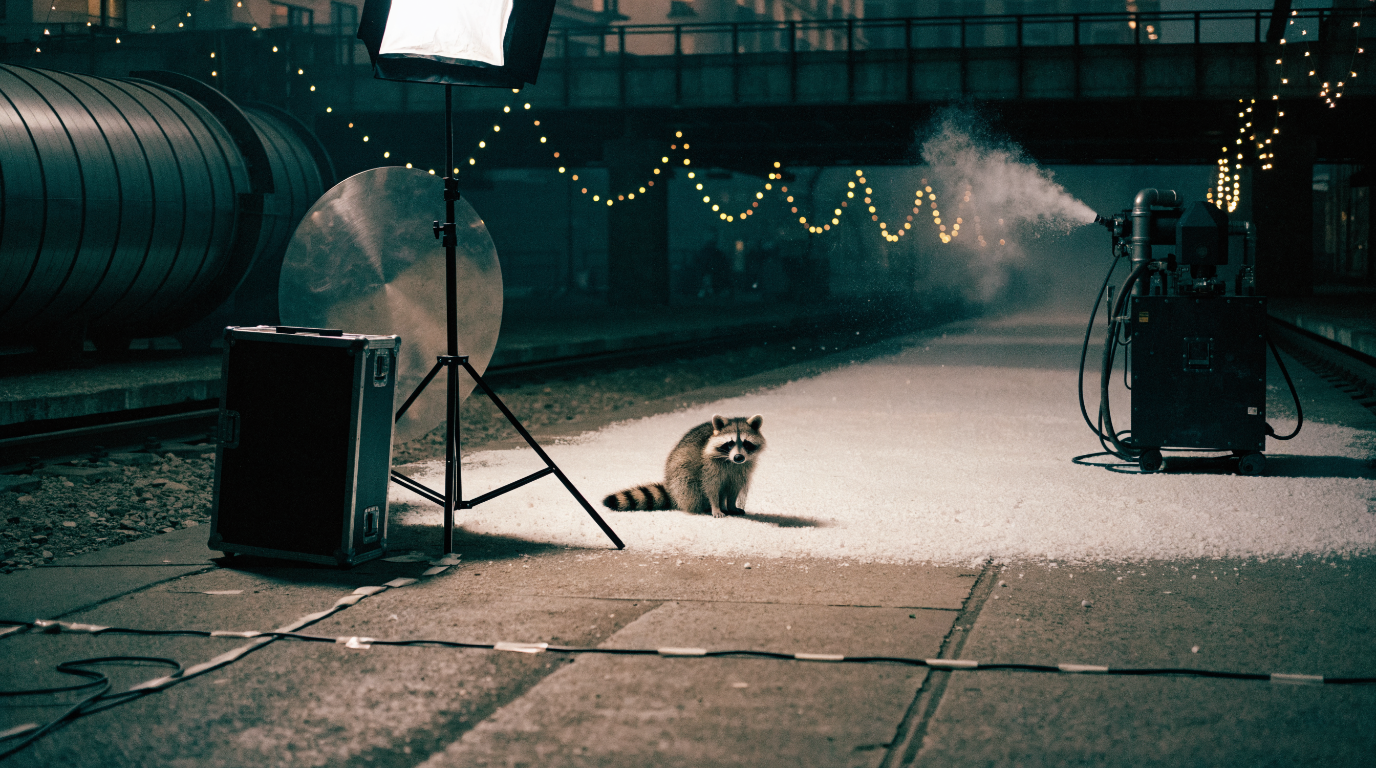 Weihnachtsspot Bahn Satire: Waschbär sitzt allein auf einem beleuchteten Filmset mit Lichtstativ auf einem Bahnsteig