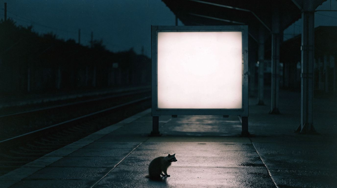 Werbefläche Bahnhof Satire: Waschbär sitzt nachts vor einem leuchtenden leeren Werbekasten auf dem Bahnsteig