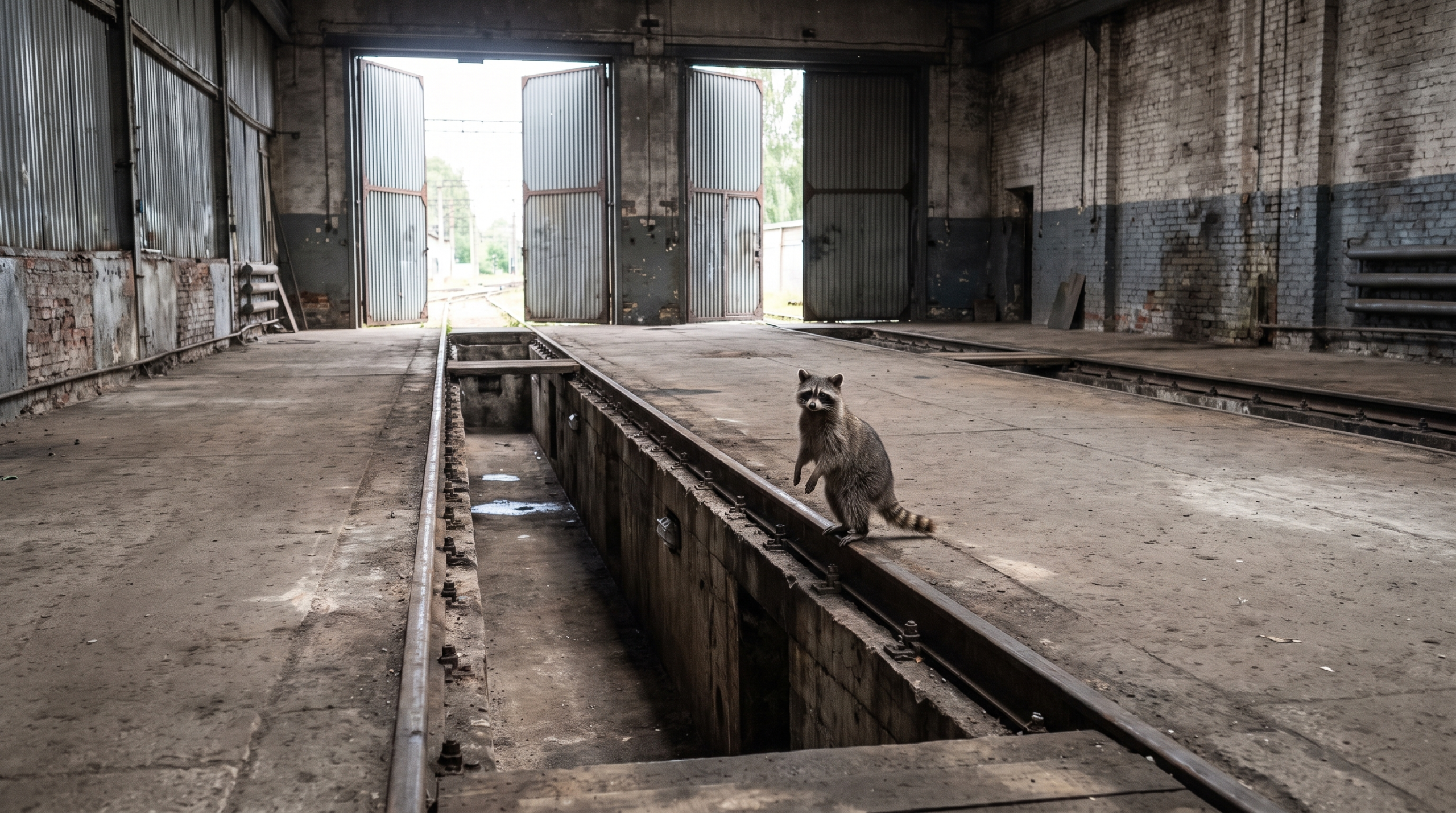 Werkstatt Satire: Waschbär steht in einer leeren Werkshalle mit offenen Toren