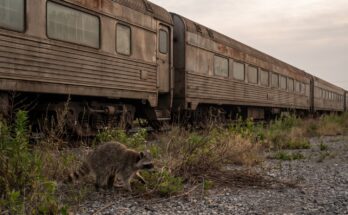 Waschbär steht vor einer Reihe abgestellter Triebwagen auf einem Nebengleis