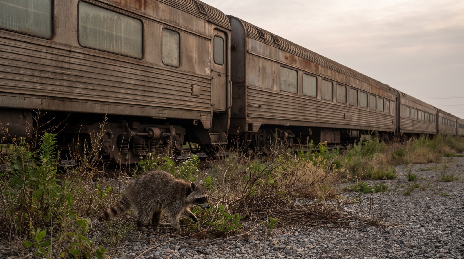 Waschbär steht vor einer Reihe abgestellter Triebwagen auf einem Nebengleis