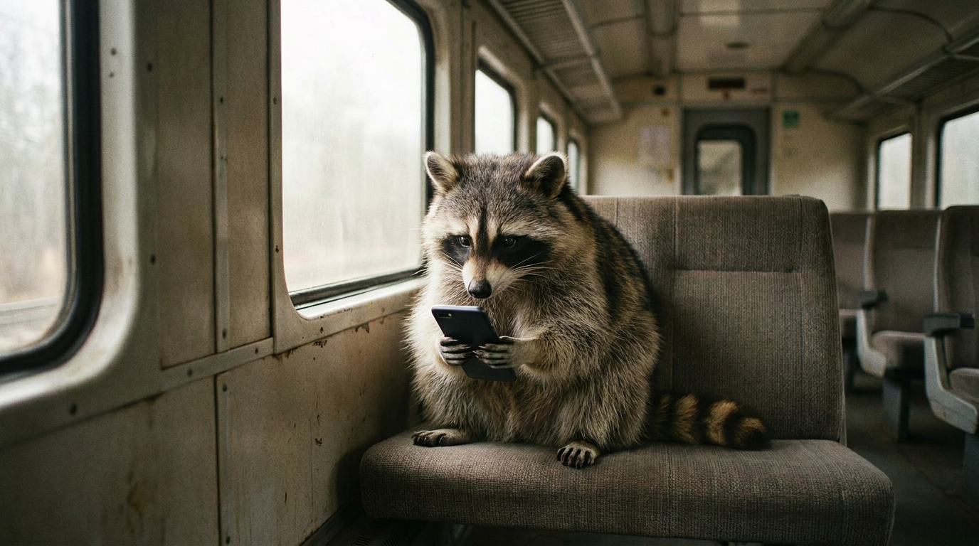 WLAN Zug Satire: Waschbär sitzt am Zugfenster und hält ein Smartphone in beiden Pfoten