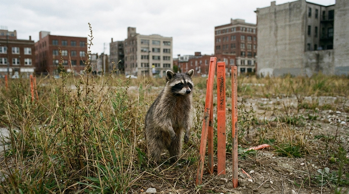 Wohnungsbau Satire: Waschbär steht auf einer leeren Baugrundstücksfläche mit Absperrpfosten