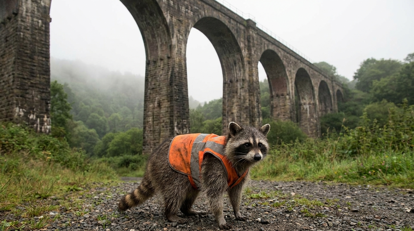 Brücke Bahnstrecke Satire: Waschbär steht mit Warnweste vor einem alten steinernen Eisenbahnviadukt