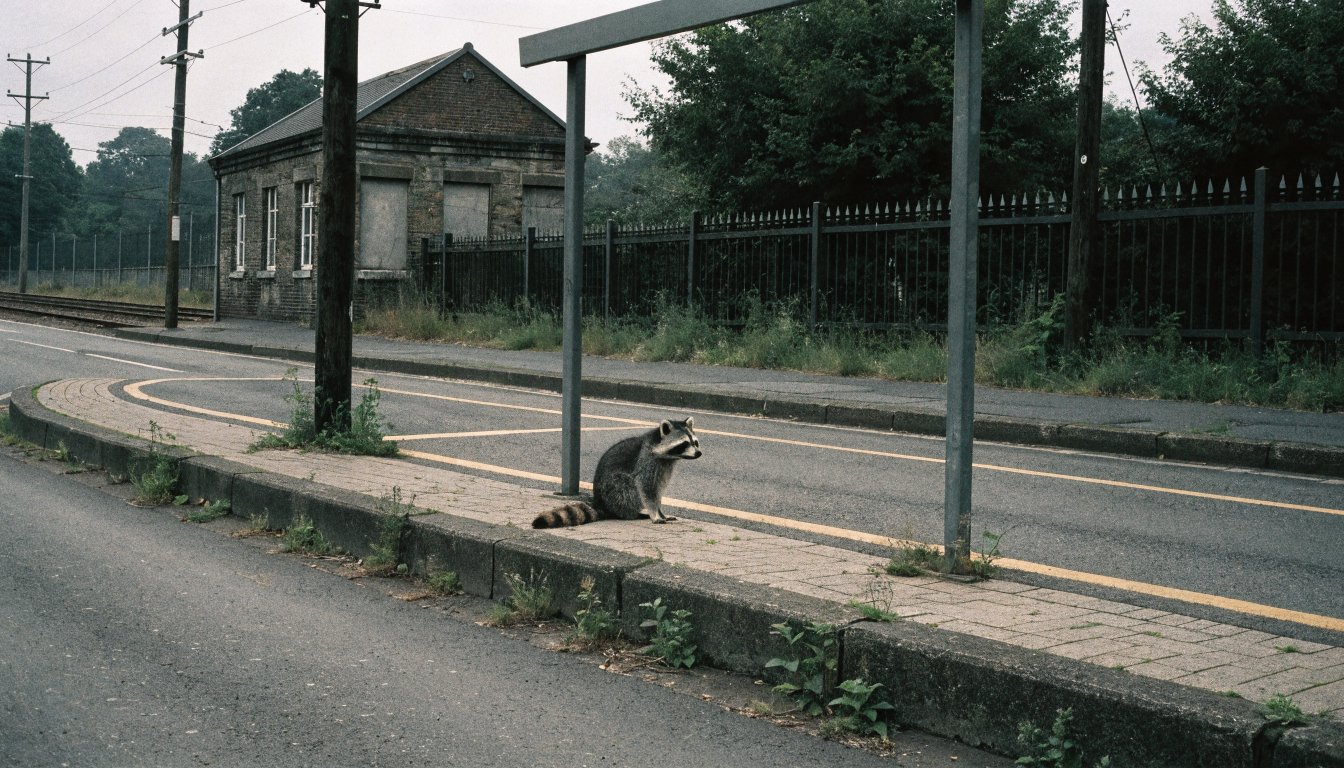 Zubringer gestrichen Satire: Waschbär sitzt in einer ungenutzten Busbucht vor einem kleinen Bahnhof