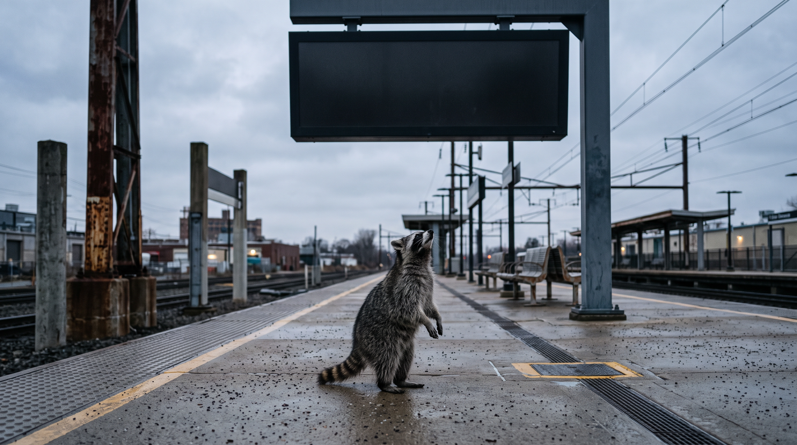 Ausfallquote Satire: Waschbär steht vor einer Anzeigetafel auf einem leeren Bahnsteig
