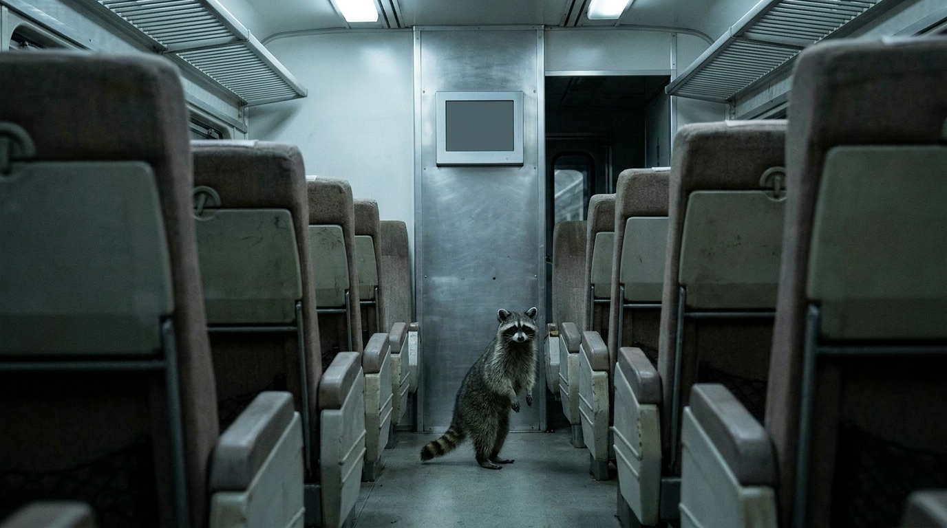 Zugbegleiter KI Satire: Waschbär steht im Mittelgang eines Zugwaggons neben einem kleinen Bildschirm an der Wand