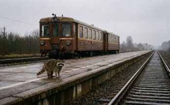 Waschbär steht auf einem langen Bahnsteig neben einem sehr kurzen Zug