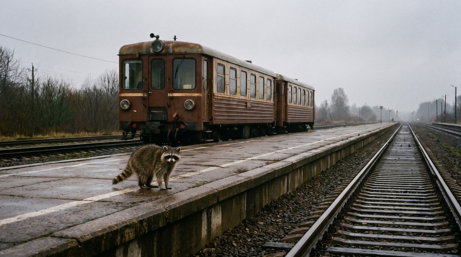 Waschbär steht auf einem langen Bahnsteig neben einem sehr kurzen Zug