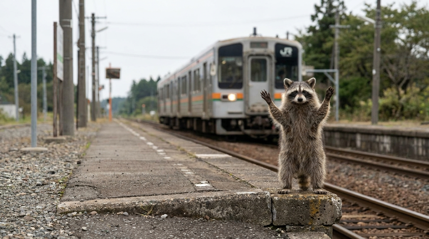 Zugfunk Ausfall Satire: Waschbär steht am Bahnsteigende und gibt mit erhobenen Pfoten Handzeichen