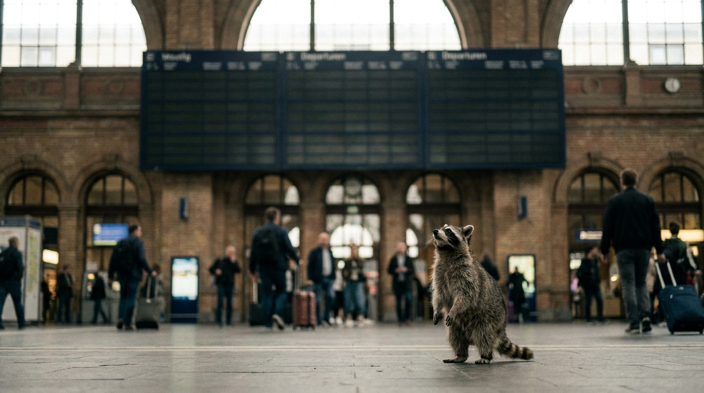Zugnummer Satire: Waschbär steht vor einer Anzeigetafel mit Zugnummern in einer Bahnhofshalle