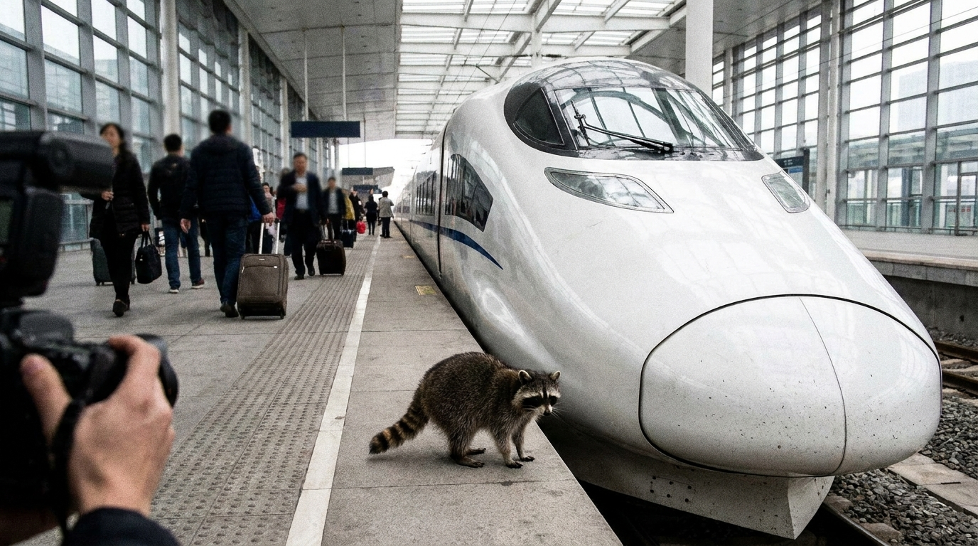 Zugtaufe Satire: Waschbär steht neben der Front eines weißen Hochgeschwindigkeitszuges auf einem Bahnsteig