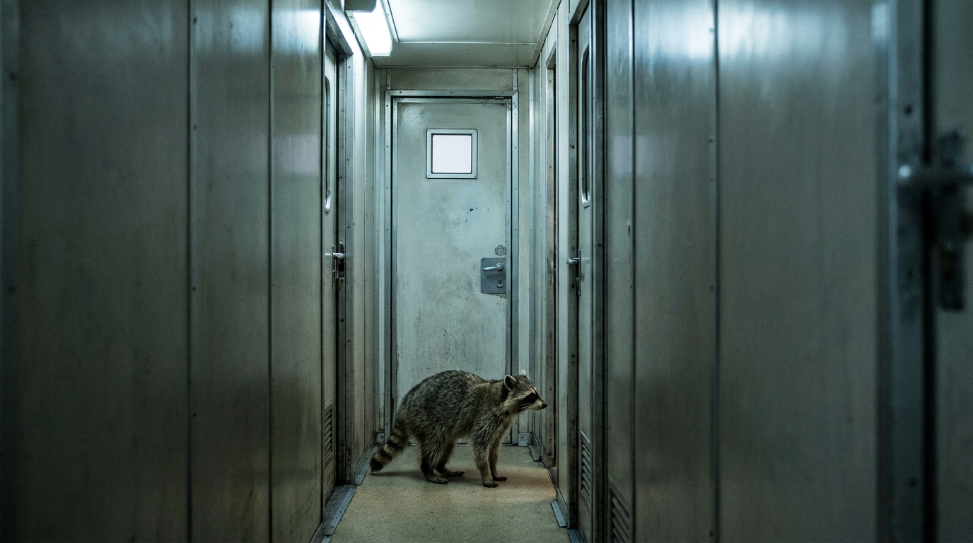 Zugtoilette defekt Satire: Waschbär steht im Zuggang vor einer geschlossenen Toilettentür