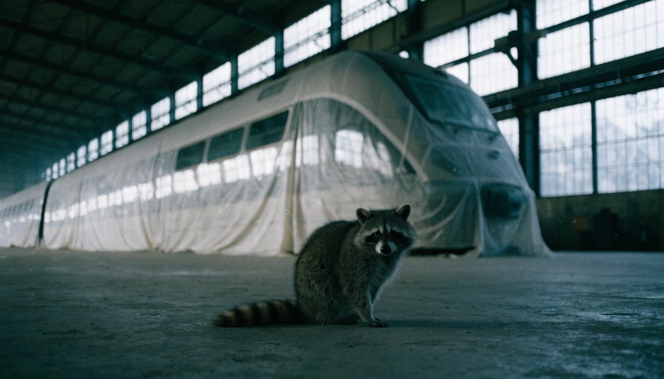 Zulassungsdauer Software Satire: Waschbär sitzt in einer Halle vor einem fabrikneuen Triebzug unter einer Staubplane