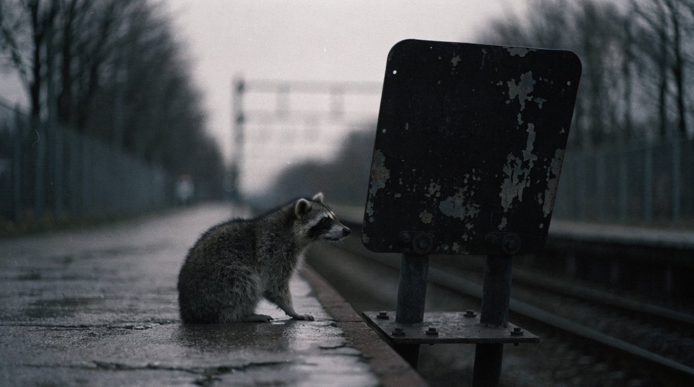 Zusagehorizont Schiene Satire: Waschbär sitzt auf einem verlassenen Bahnsteig vor einer leeren Anschlagtafel