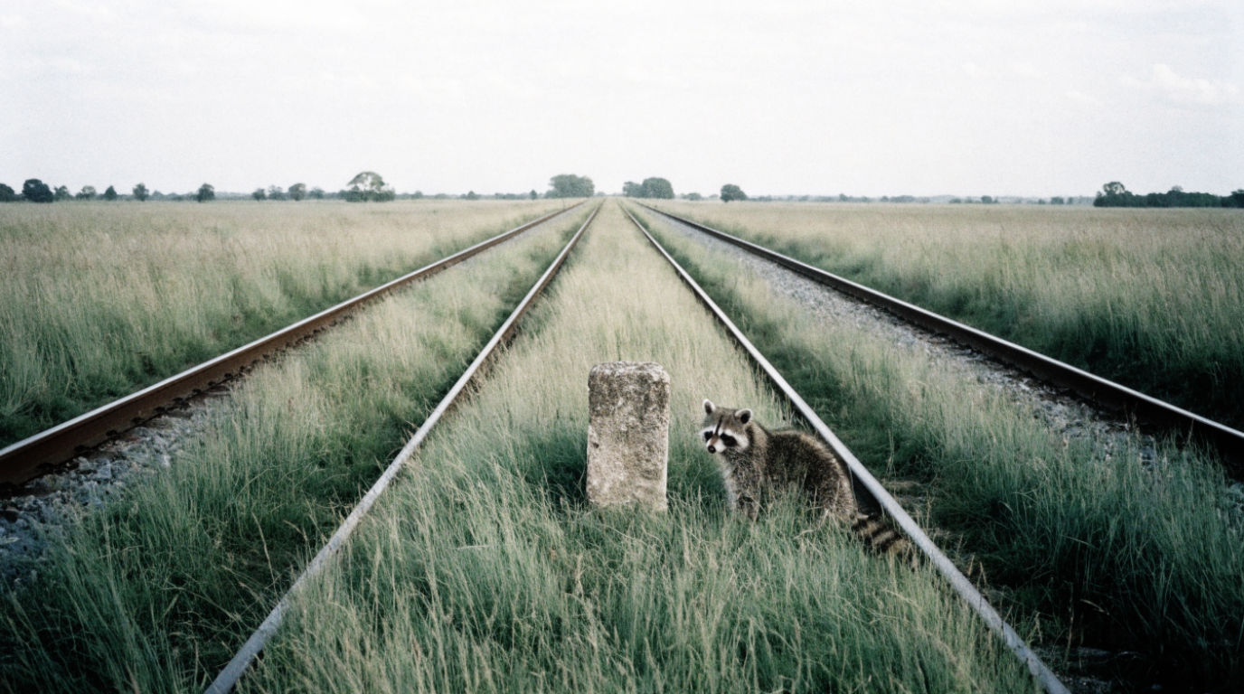 Verbundgrenze Zuschlag Satire: Waschbär sitzt neben einem Grenzstein zwischen zwei Bahnstrecken im Feld