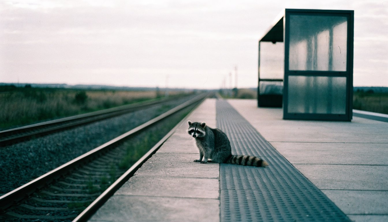 Zweckbindung Haltepunkt Satire: Waschbär sitzt auf einem neuwertigen leeren Bahnsteig ohne Fahrgäste