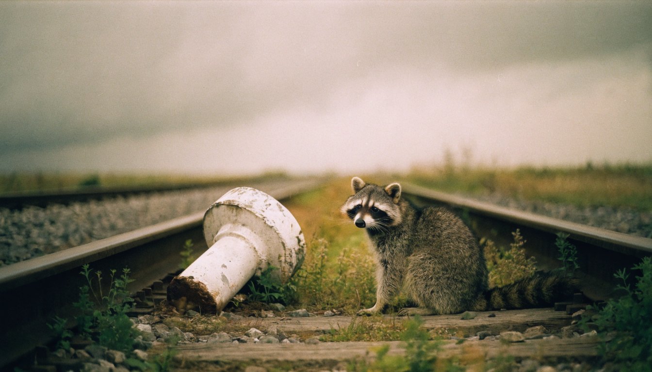 Zwischenziel gestrichen Satire: Waschbär sitzt neben einem umgefallenen Hektometerstein an einer stillgelegten Strecke