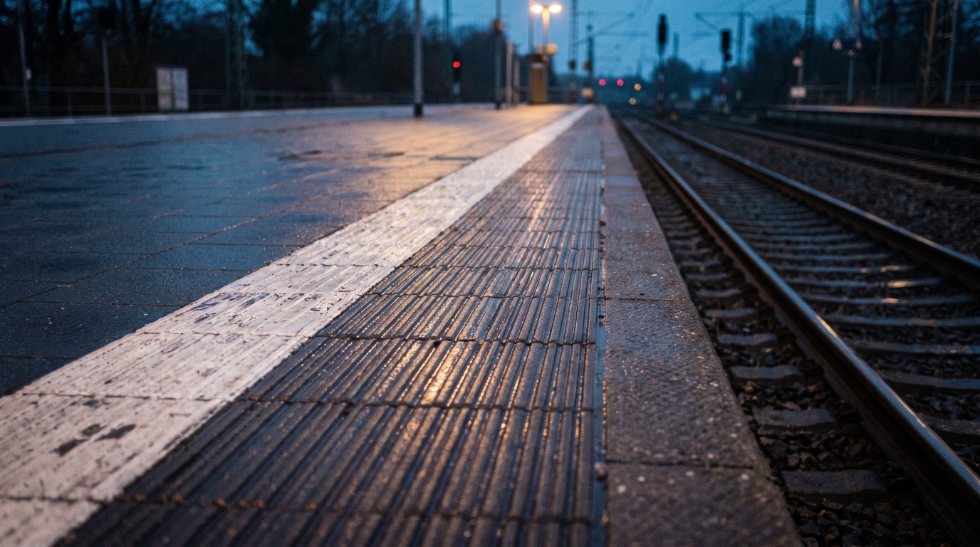 Nahaufnahme der weißen Sicherheitslinie und des geriffelten Bandes an einer nassen Bahnsteigkante