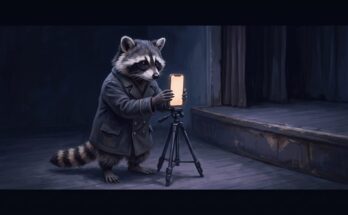 Slam-Video aufnehmen mit einfachen Mitteln: der Waschbär richtet ein Handy auf einem Stativ aus