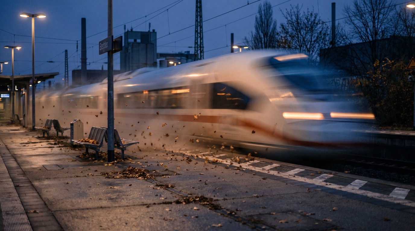 Ein durchfahrender Hochgeschwindigkeitszug in starker Bewegungsunschärfe neben einem leeren Bahnsteig