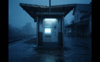 Ein einzelner beleuchteter Fahrkartenautomat auf einem sonst dunklen, leeren Bahnsteig bei Nacht