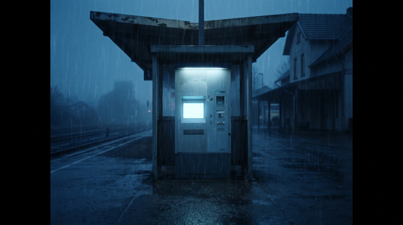 Ein einzelner beleuchteter Fahrkartenautomat auf einem sonst dunklen, leeren Bahnsteig bei Nacht