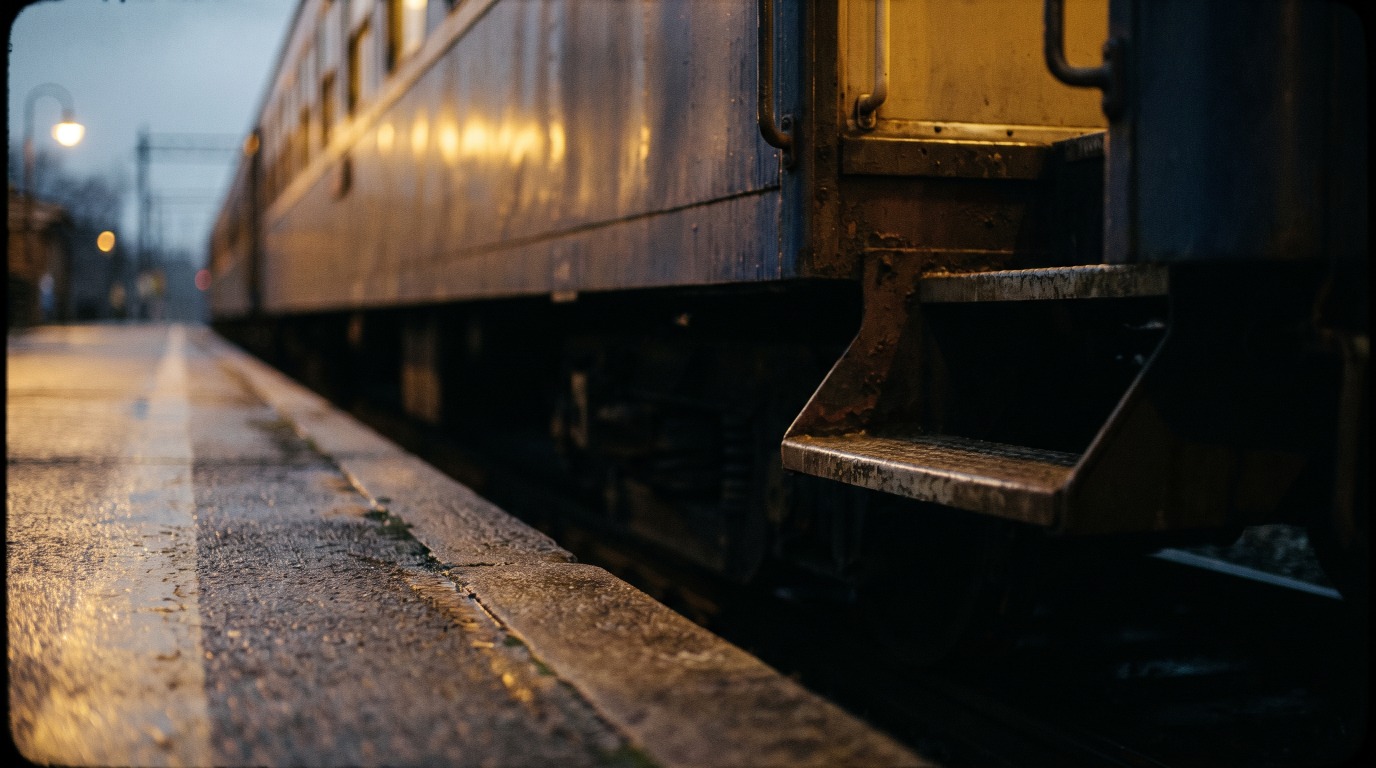 Nahaufnahme des Spalts zwischen Zugtür und Bahnsteigkante, warmes Licht fällt aus dem Wagen