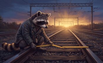 Waschbär misst mit dem Zollstock die Spurweite zwischen zwei Schienen – Bild zu textstruktur aufbauen