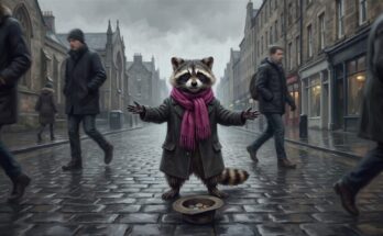 Straßenpoesie in der Praxis: der Waschbär spielt in der Fußgängerzone, während die Leute vorbeigehen
