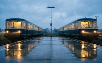 Zwei Regionalzüge begegnen sich in der Dämmerung an einem eingleisigen Kreuzungsbahnhof