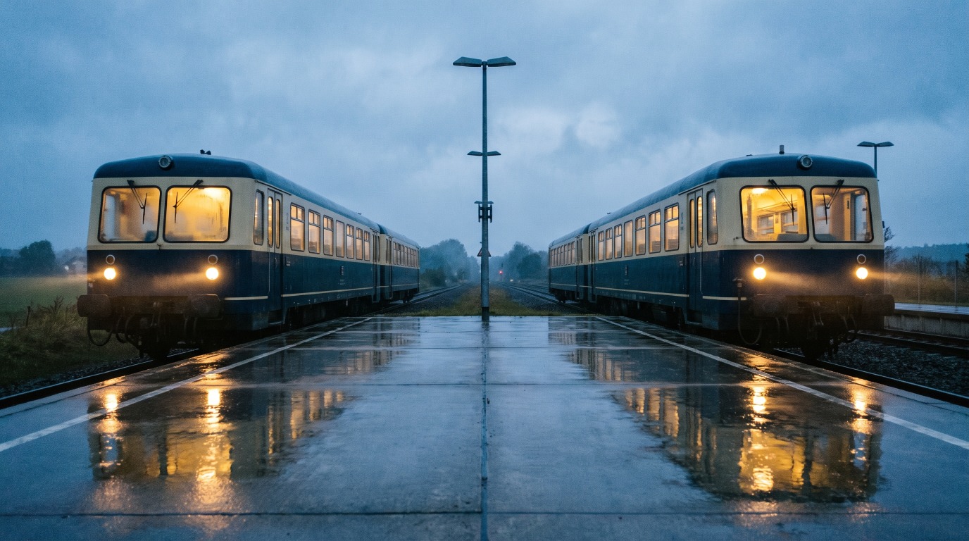 Zwei Regionalzüge begegnen sich in der Dämmerung an einem eingleisigen Kreuzungsbahnhof