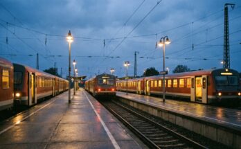 Mehrere Regionalzüge stehen gleichzeitig mit offenen Türen an den Bahnsteigen eines kleinen Knotenbahnhofs