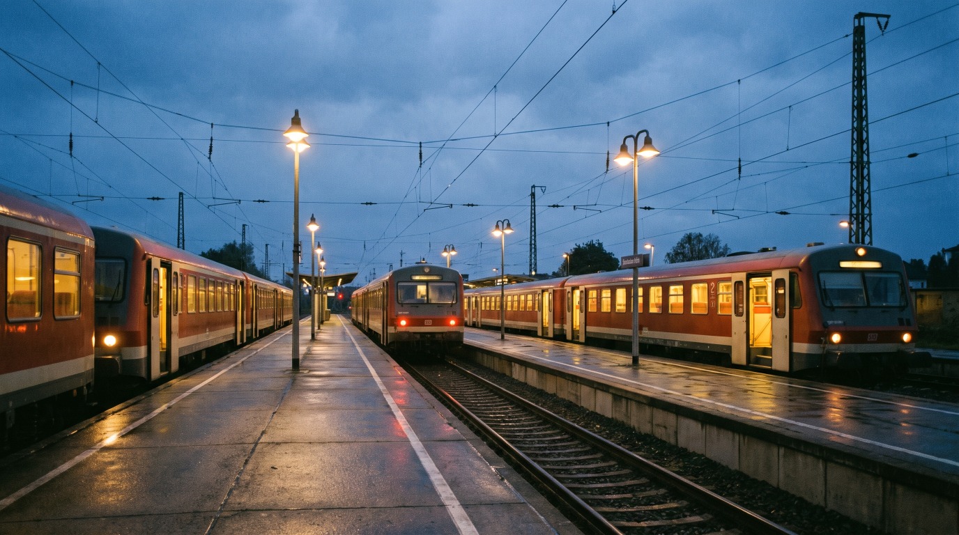 Mehrere Regionalzüge stehen gleichzeitig mit offenen Türen an den Bahnsteigen eines kleinen Knotenbahnhofs