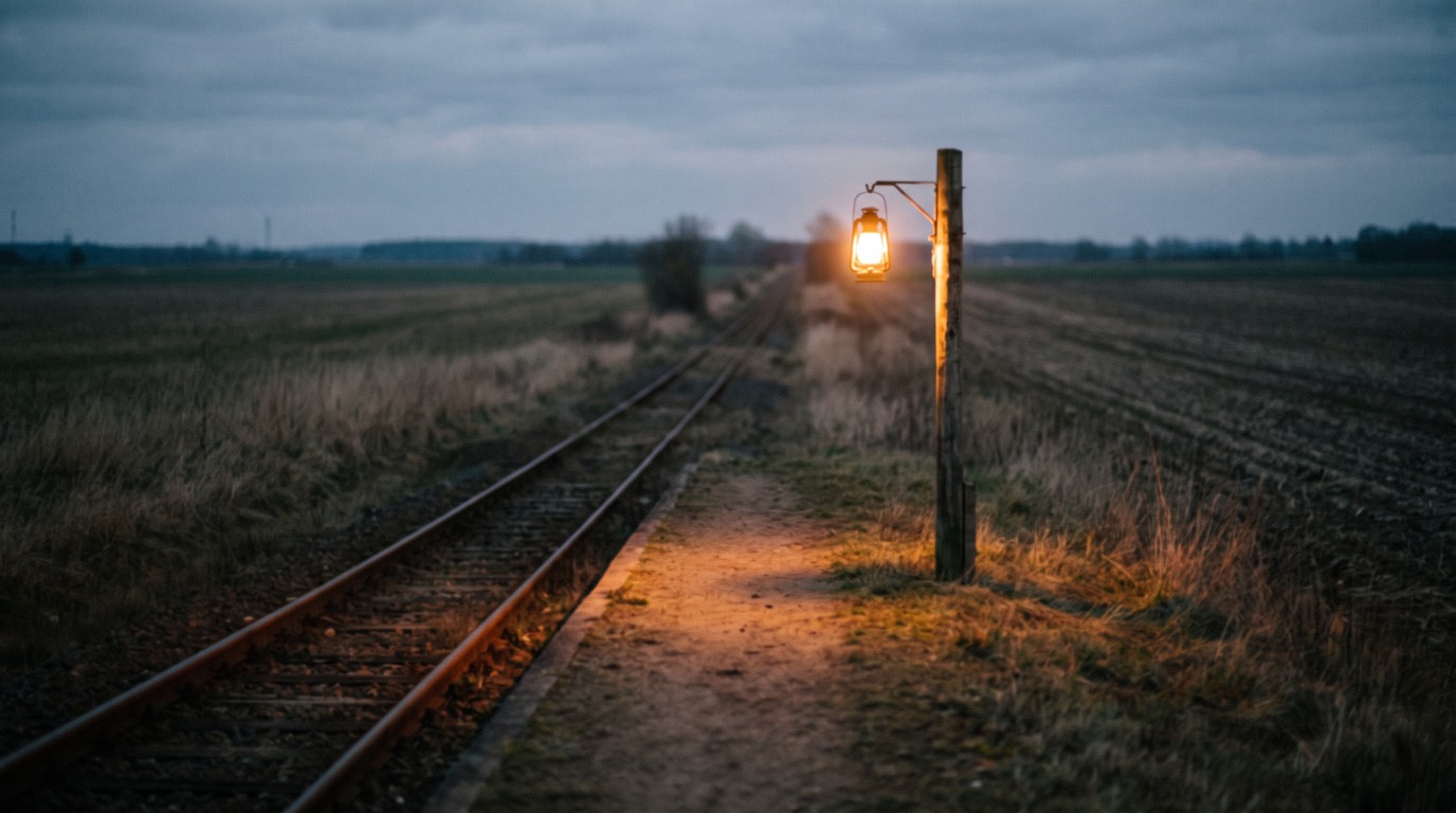 Ein einzelner Haltepunkt am Feldrand in der Dämmerung, am Bahnsteigende steht ein verwitterter Pfosten