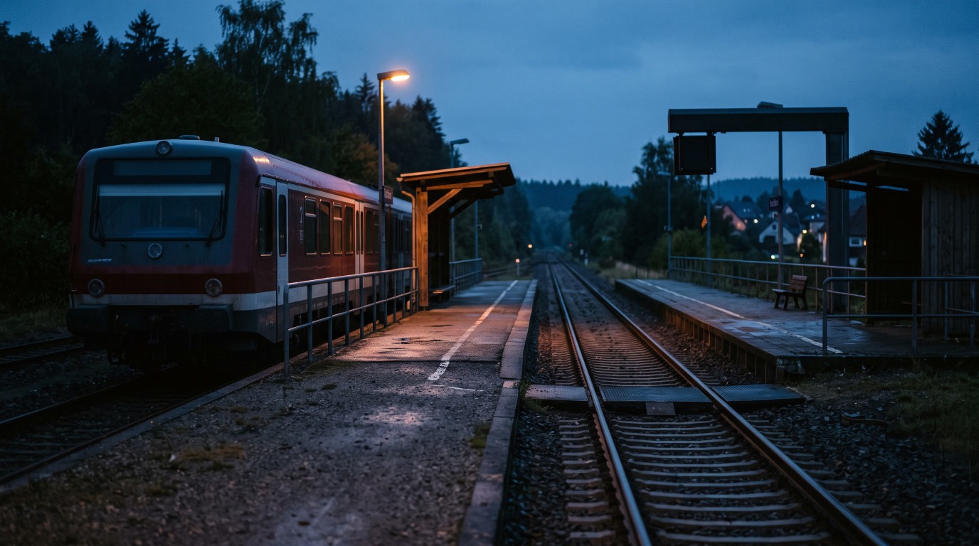 Ein Zug mit dunkler Zielanzeige an einem kleinen Bahnhof, das Gleis dahinter läuft leer weiter