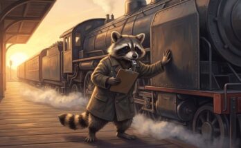 Waschbär prüft im Morgengrauen die Bremsen eines Zuges — Sinnbild dafür, den Text selbst prüfen zu können